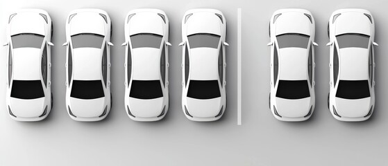 Overhead image of identical white cars in a symmetrical row, capturing the clean, geometric arrangement of vehicles in a futuristic style