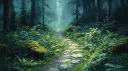 Fototapeta premium Serene forest path surrounded by lush greenery and ferns.