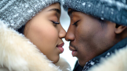 Obraz premium Tender winter kiss between a young dark-skinned couple in a park surrounded by snow, capturing their emotional moment with soft lighting
