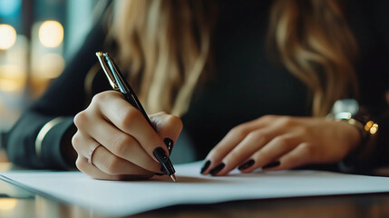 close up hand of businesswoman is working by writing on paper in office