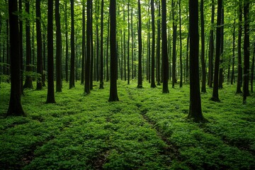 Fototapeta premium Dense Forest with Tall Trees and Lush Undergrowth