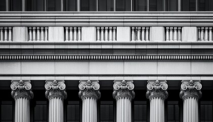 Obraz premium Vintage-style black and white image of a building s exterior with ornate balconies, reflecting the timeless allure of classical craftsmanship
