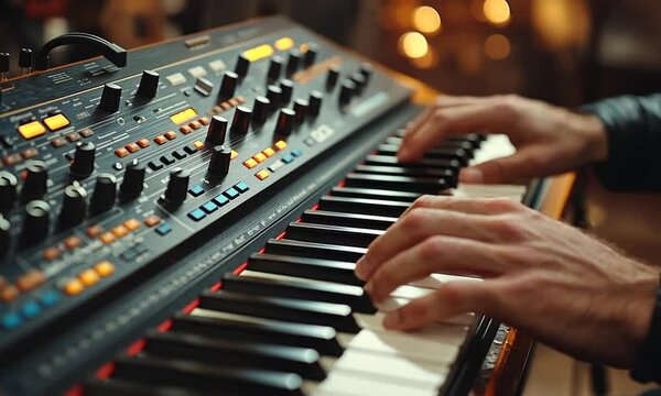 Hands playing a synthesizer keyboard in a cozy setting.