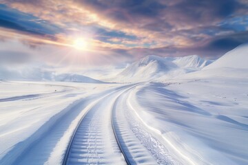 Obraz premium Snow-covered railway winding through majestic mountains under a vibrant sunset sky. Winter travel, scenic journeys, and breathtaking landscapes.
