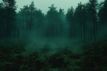 Fototapeta premium A Dense Foggy Forest with Tall Trees
