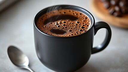 Fototapeta premium A steaming cup of black coffee in a black mug with a spoon and a plate of chocolate chips in the background.