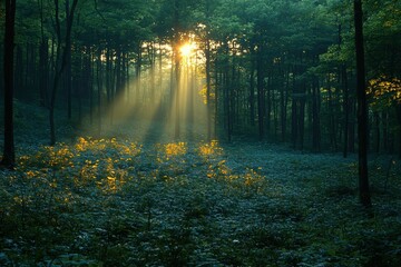 Obraz premium Sunbeams Illuminating a Dense Forest Floor