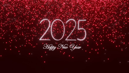 New Year 2025 luxury card with red falling glitters on dark background abstract 8k illustration.