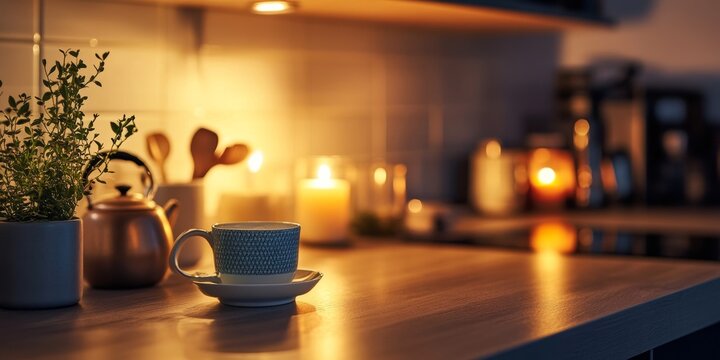 A warm cup of tea sits on the kitchen counter, next to a teapot and candles.  The modern kitchen feels cozy and inviting, perfect for enjoying a relaxing cup of tea.