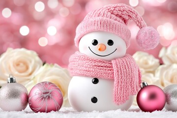 Obraz premium Smiling snowman in pink hat and scarf with baubles and roses, snowy pink background. winter decoration, holiday cheer, and festive ambiance.