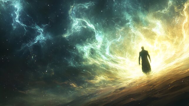 Aetheric tendrils of electricity extend from a glowing figure towards distant stars