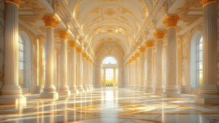 Obraz premium Grand hall with ornate columns and golden accents, illuminated by sunlight.