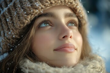 Close-up Portrait of a Woman in a Knit Hat Covered in Snowflakes