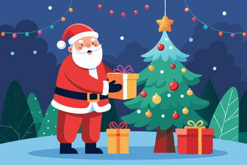 Santa Claus putting gift under Christmas tree