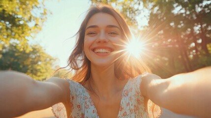 Positive young lady snapping a selfie during a walk in the park, wearing a stylish summer dress, with sun rays filtering through the trees in the background.