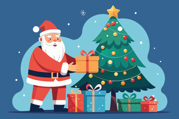 Santa Claus putting gift under Christmas tree