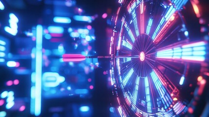2410 3.Dark environment with a futuristic neon dartboard in focus, showcasing sharp fluorescent lines and glowing segments, darts mid-flight towards the center.