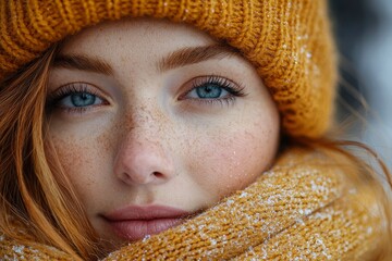 Close-up of a woman's face with freckles, wearing a yellow knitted hat and scarf, covered in snow.