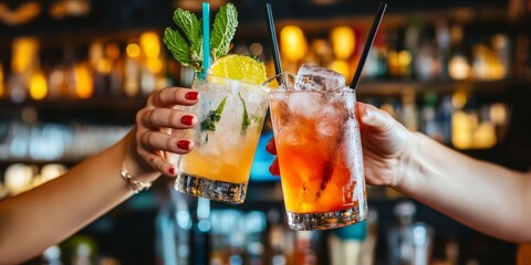 Two people raise their glasses, celebrating with cocktails in a lively bar or nightclub.