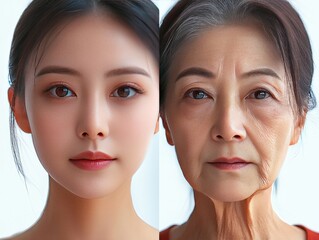 Attractive Asian woman with smooth skin and older woman with wrinkles aging concept