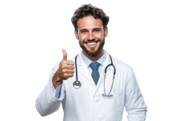 Smiling Male Doctor Giving Thumbs Up in Professional Medical Uniform on transparent  Background