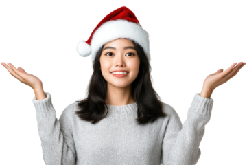 Smiling Asian Woman Wearing Santa Hat on transparent  Background