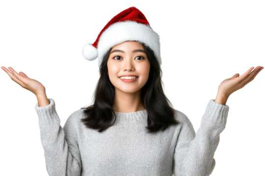 Smiling Asian Woman Wearing Santa Hat on transparent Background - Powered by Adobe