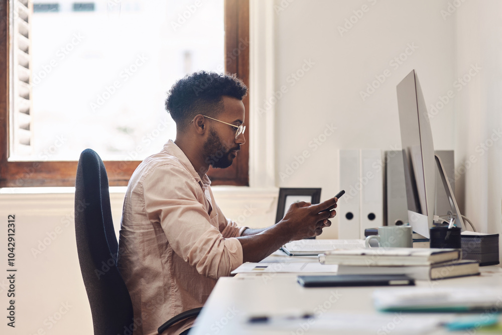Poster office, computer and business man with phone for communication, contact and email networking. profes