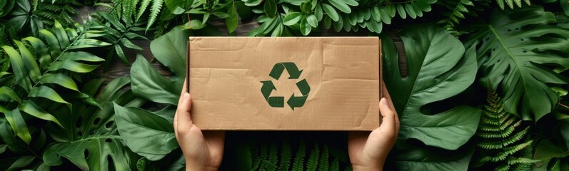 Someone holding a cardboard box with a recycle logo on it, banner, copy space