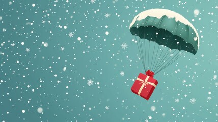 A Box flying on a parachute with sky cloud in christmas day,vector illustration of package flying down from sky cloud with parachute,holiday red gifts,winter,shopping online,air delivery service.