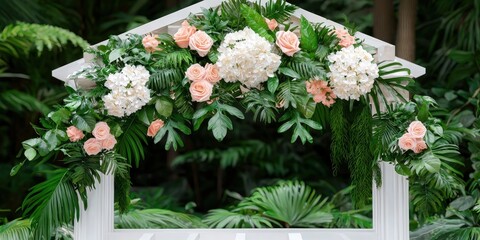 White Wedding Arch Decorated with Lush Greenery and Pink Flowers