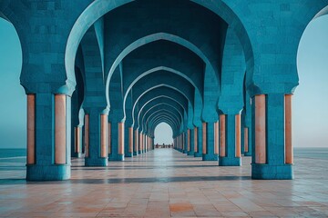 Obraz premium Serene Passageway Through Arched Colonnade Overlooking the Sea