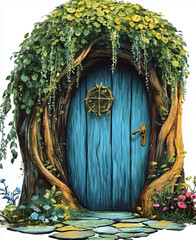 fairytale book for adult, fairy core wooden door,cartoon style,vivid color