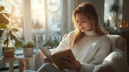 Woman Reading a Book at Home in Bright Natural Light