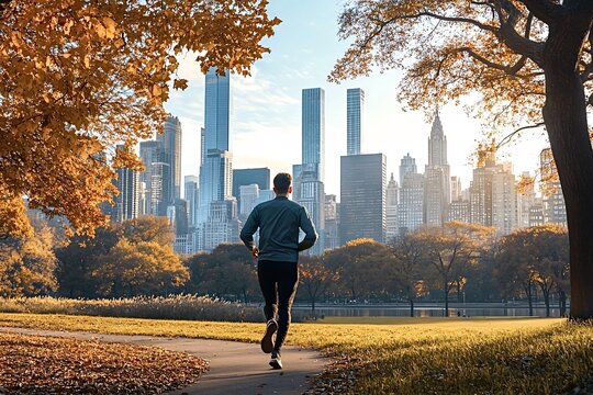 Man is running away from the camera on a paved path through central park with the midtown manhattan skyline in the background - Powered by Adobe