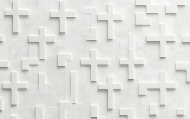 A clean and minimalist design featuring multiple crosses in varying sizes arranged artistically on a white background