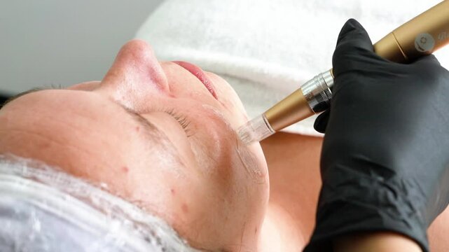 Esthetician Performing Microneedling Treatment on Client&rsquo;s Face in a Spa