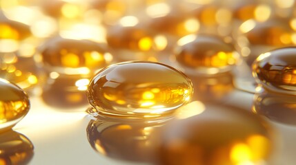 2410 58.A close-up of numerous softgels in golden and yellow hues, laying on a smooth surface with reflections of light bouncing off their shiny, smooth exterior, emphasizing their texture and color.