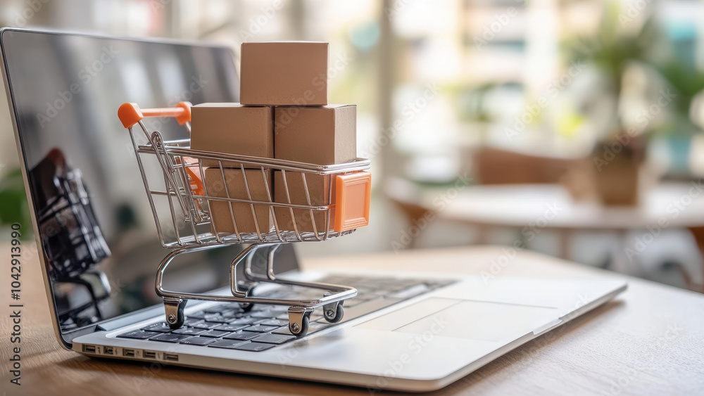 Wall mural miniature shopping cart filled with boxes on a laptop.