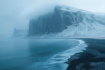 Fototapeta premium A Misty Morning on a Black Sand Beach with a Snowy Mountain Range