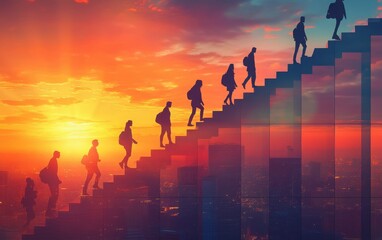 Fototapeta premium A powerful image of silhouettes of professionals ascending steps, symbolizing growth and career advancement