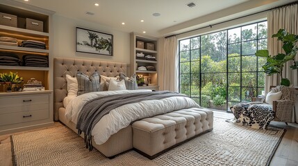 A chic master bedroom showcasing a well-organized walk-in closet, decorated with thoughtful details and a comfortable layout.