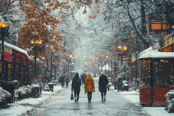 Snowy Street Scene with People Walking Amidst Snow-Covered Trees and Streetlights