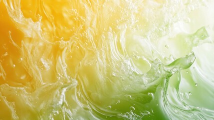 Top view of green and yellow jelly, clean white backdrop, apple juice splashes, soft texture, fresh and vibrant.
