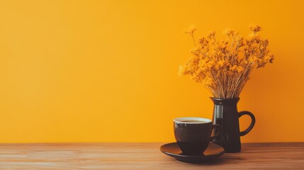 Vibrant morning coffee dried flowers on wooden table