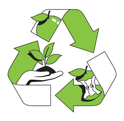 Food recycling - sign in thin line with fruit turns to waste and then turns to plant