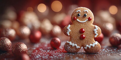 A cheerful gingerbread man cookie on a warm wooden surface, perfect for Christmas greetings and festive designs, celebrating the holiday spirit.