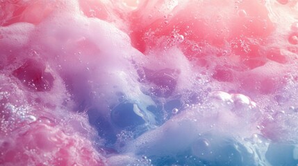 Fototapeta premium Top view of pink and cyan jelly, white background, raspberry juice, glossy textures, energetic and playful.