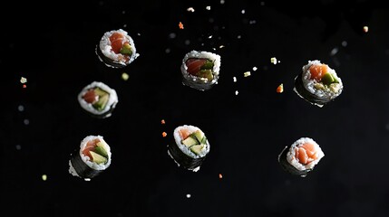 2410 106.A selection of sushi rolls floating mid-air, captured in an elegant levitation effect, with each roll showcasing vibrant ingredients like fresh fish, avocado, and seaweed, against a dark