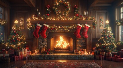 Fototapeta premium A cozy, image of a fireplace decorated with Christmas stockings, garlands, and twinkling lights for a traditional holiday scene.